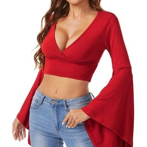 V Neck Long Bell Sleeve Wrap Blouse